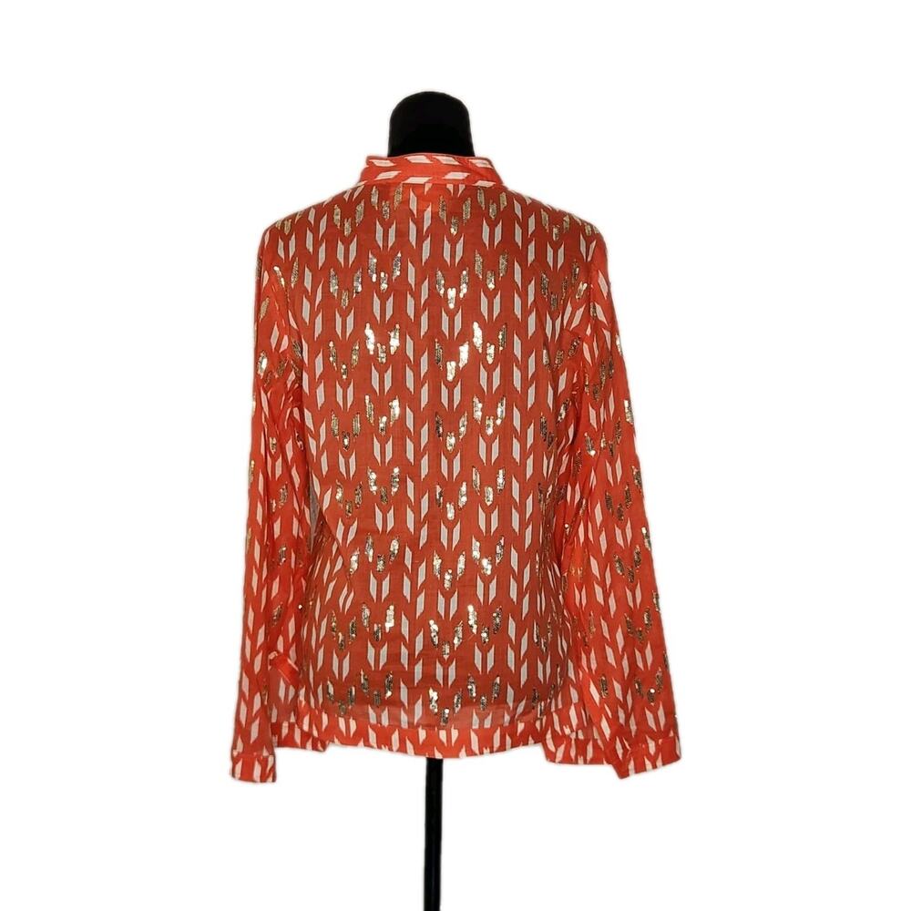 Tory Burch Cotton Tunic Top Sequin Embellished Geometric Flare Sleeve Sz 10 - Picture 3 of 9